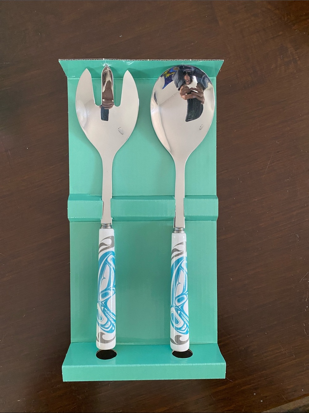 Serving Spoon and Fork Set with Blue Swirl Handles - Home Dining